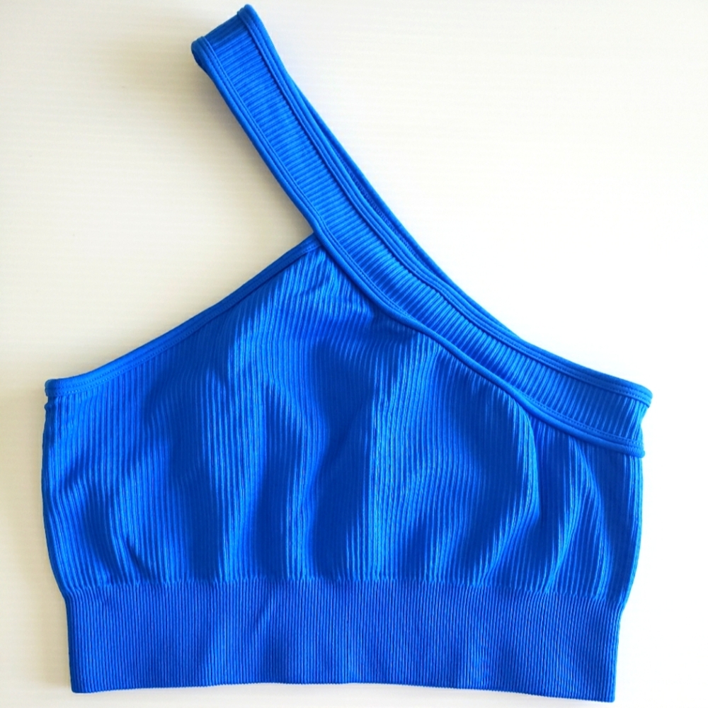 One-Shoulder Blue Ribbed Top